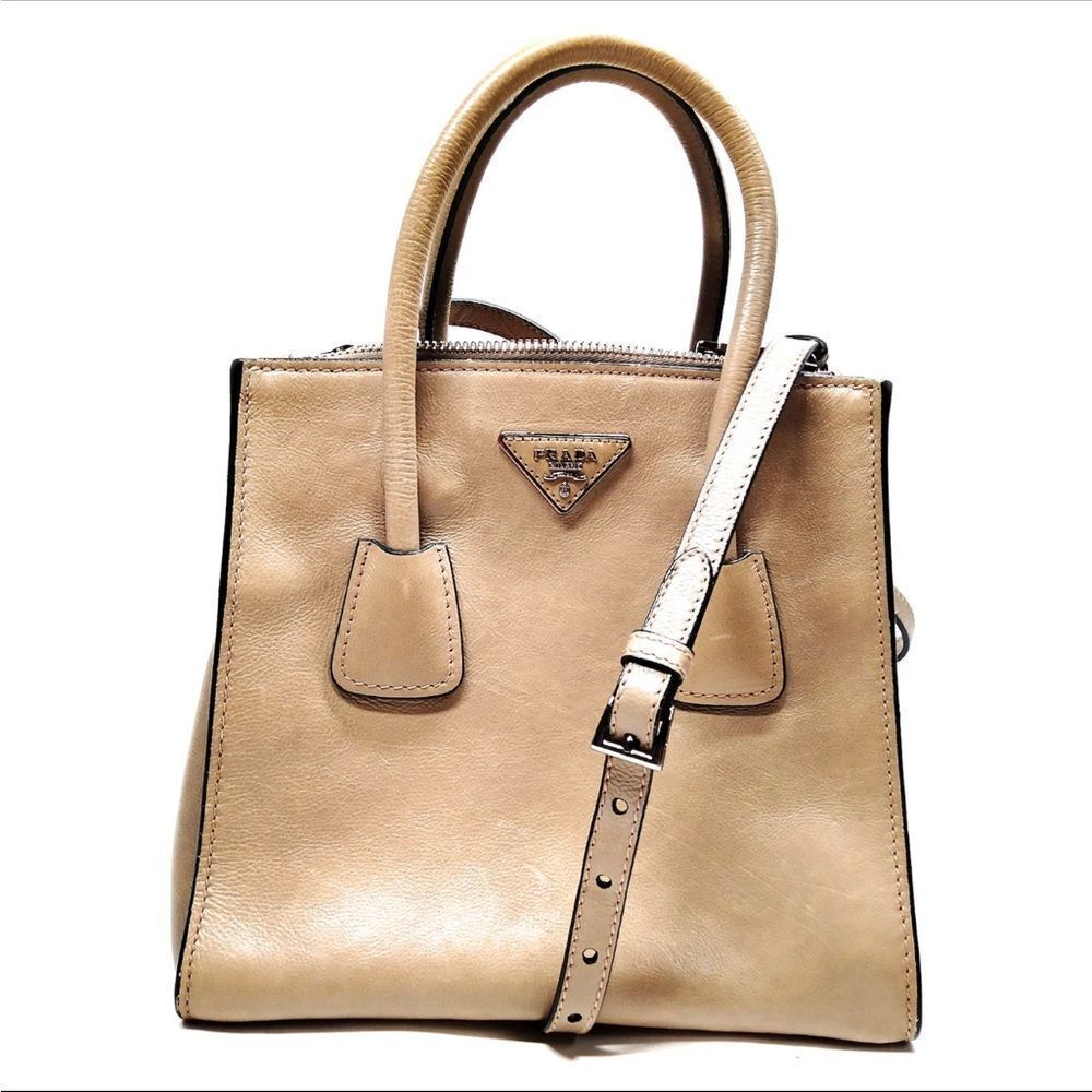 Auth PRADA Glacé Tan Calf Twin Pocket City 2way Tote Bag Satchel w/Strap